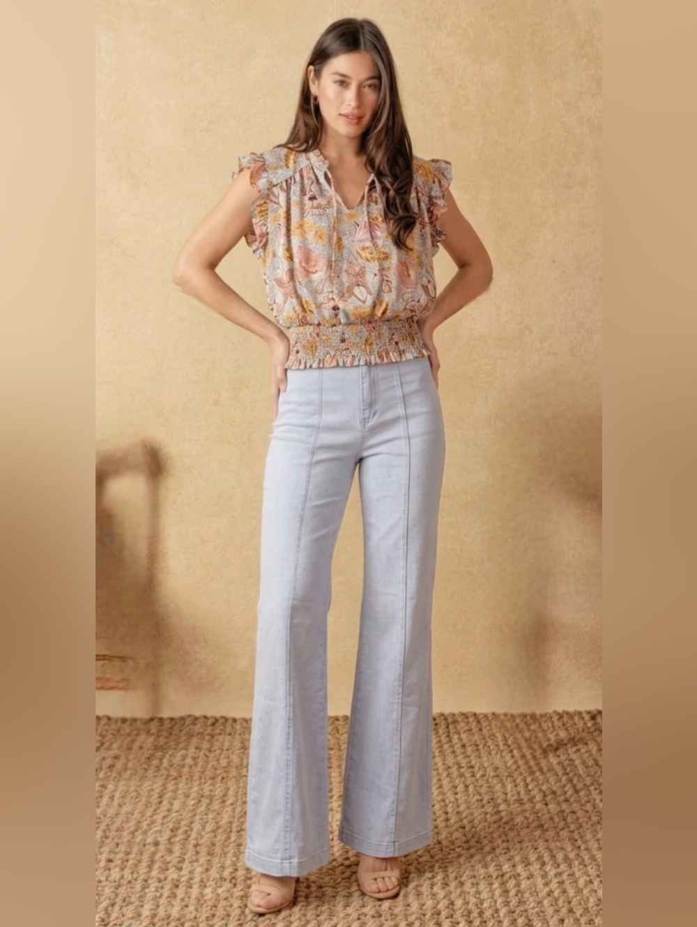 Flying Tomato Light Wash High Rise Wide Leg Seamed Boho Pants - Small